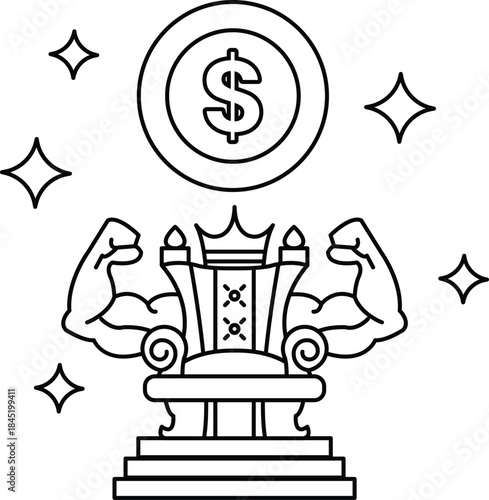 A man with a muscular build is sitting on a throne with a dollar sign on top of