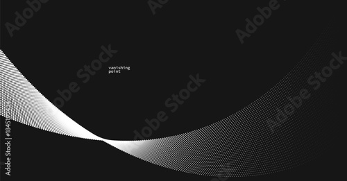 Abstract background vector illustration over black, dots in motion by curve lines, particles flow wave isolated, monochrome black and white illustration.