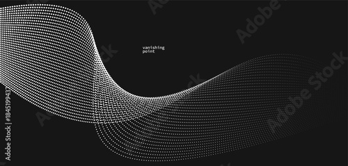 Wave of flowing vanishing particles vector abstract background, curvy lines dots in motion over black relaxing illustration, smoke like image.