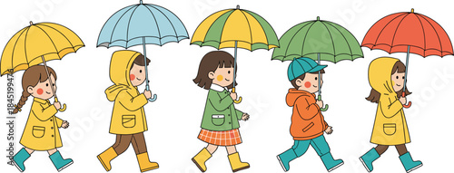 Cute children walking with umbrellas in rainy weather wearing raincoats and boots isolated flat vector illustration
