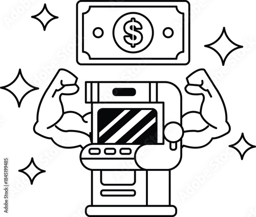 A man with his arms raised and a dollar bill in the background