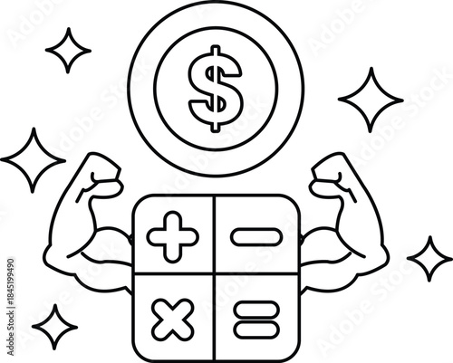 A man with his arms raised is holding a dollar sign and a calculator