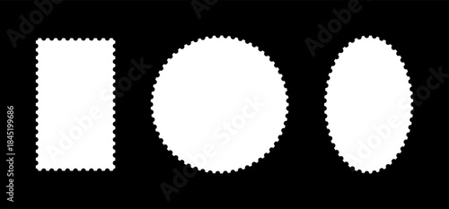 Postage stamps template frames. Oval or circle and rectangular blank vintage stamp. Backdrops for postcards, letters, empty borders. Coupons, label, tags, boxes with wavy, wiggly perforated edges.