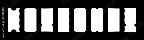 Admit tickets mockups on black background. Ticket for festival, casino, cinema, circus, theater, club. Empty flat pattern templates. Simple boarding blank, minimalist sale coupons, lottery,