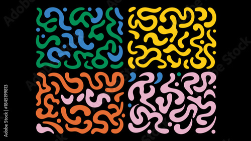 Colorful abstract wavy patterns forming a repeating tile design on black background