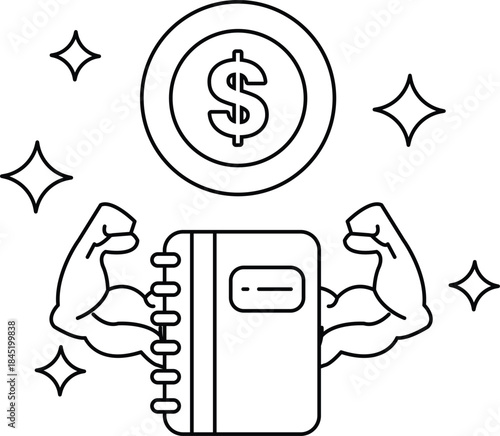 A man is holding a book and a dollar sign