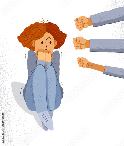 Bullying vector concept, clenched fists threats scared young woman victim, psychological abuse, violence against women, problem of cruel behavior in social groups, discrimination.