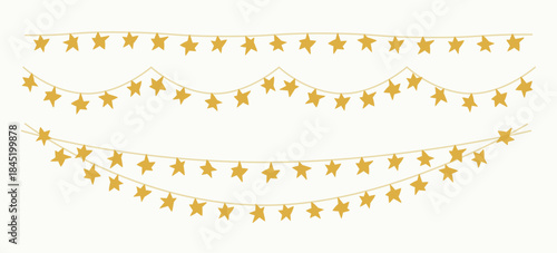 Star garlands, festive lights set. Christmas decorations on strings with starry sparkles, electric horizontal strands, Xmas holiday decor. Flat vector illustration isolated on white background