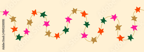 Star garland with colorful festive starry lights on twisted curvy wavy string. Christmas and New Year sparkling ornament. Xmas decoration. Flat vector illustration isolated on white background