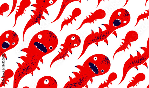 Scary horror monsters seamless vector textile pattern, beasts creatures endless wallpaper, stylish background for Halloween theme, funny picture.