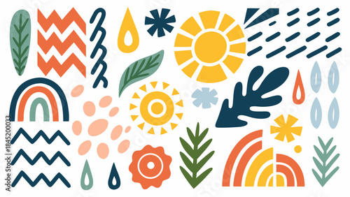 A playful arrangement of abstract floral and organic shapes in vibrant colors