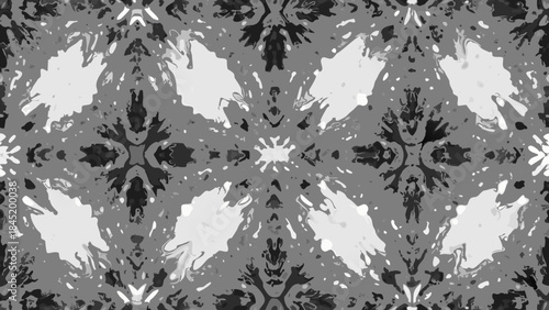 Abstract grayscale pattern featuring symmetrical floral and leaf like shapes