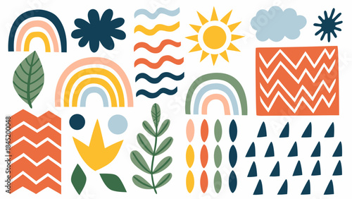 A colorful collection of abstract shapes and nature inspired graphic elements