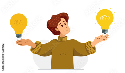 Young boy having a lot of ideas and choosing best one to solve some problem, vector illustration of a young person who is choosing between different ideas which one is working.