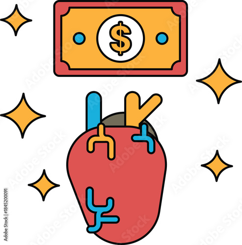 A dollar bill is on top of a heart that is being crushed