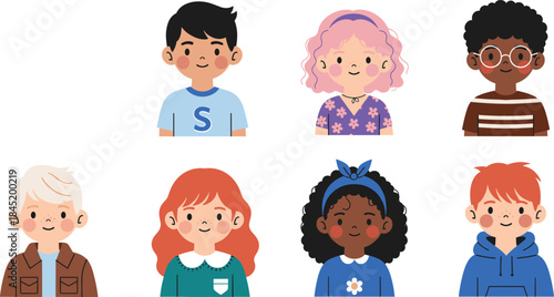 Cute kids avatar portraits collection with diverse children faces hairstyles and expressions isolated flat vector illustration