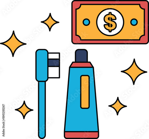 A dollar bill is on top of a toothbrush and a tube of toothpaste