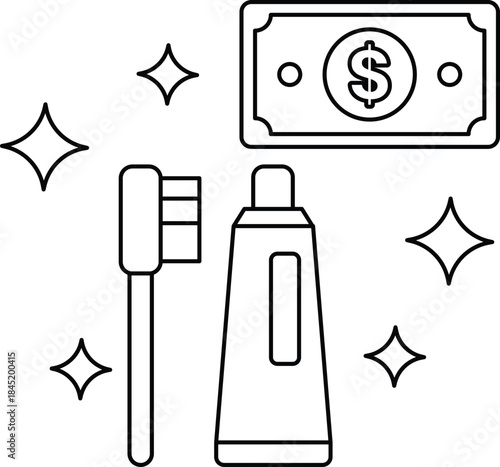 A dollar bill is on top of a toothbrush and a tube of toothpaste