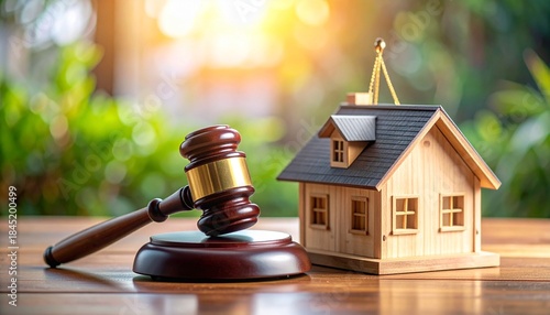 Wooden House Model Beside Judge’s Gavel – Symbolic Representation of Real Estate Law, Property Disputes, and Legal Homeownership Concepts in Warm Natural Light