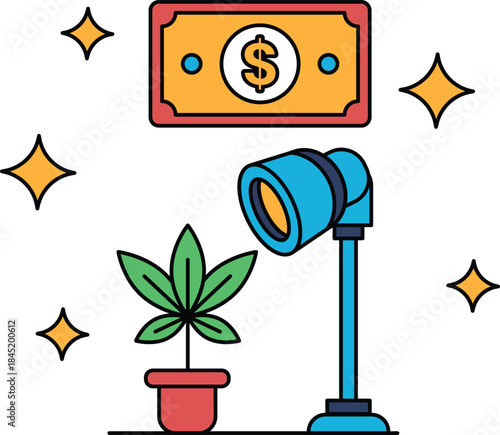 A dollar bill is on a wall next to a plant