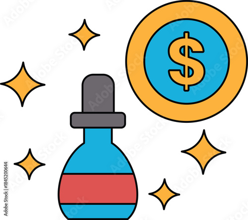 A bottle of medicine with a dollar sign next to it