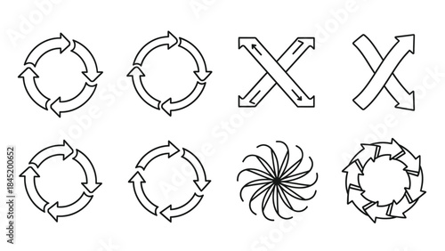 Collection of various black outline icons representing circular flow arrows exchange and continuous process cycles for design