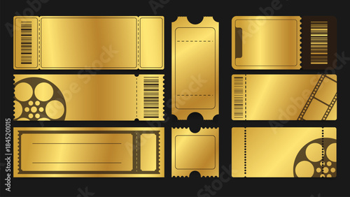 Golden ticket icon set featuring luxury cinema, movie, concert, event, and entertainment tickets. Vector illustration. 