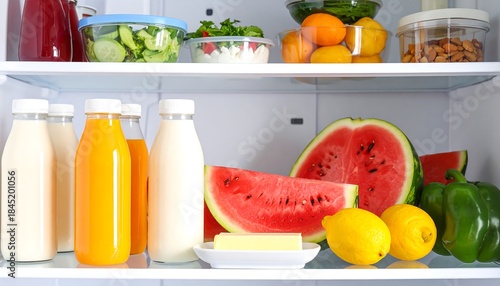 Картината върху платно Juices, watermelons, lemons, a green bell pepper, and butter are all found on a refrigerator shelf and represent balanced daily nourishment and healthful eating