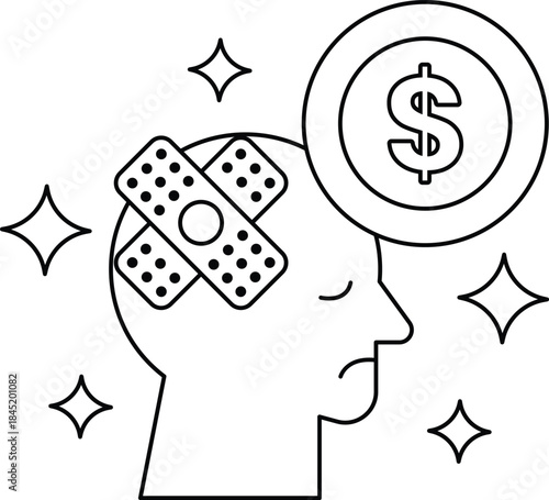 A man with a bandaged head and a dollar sign in the background