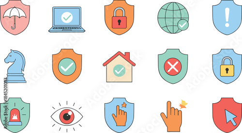 Cyber security and protection icons set with shields locks alerts privacy safety symbols isolated flat vector illustration