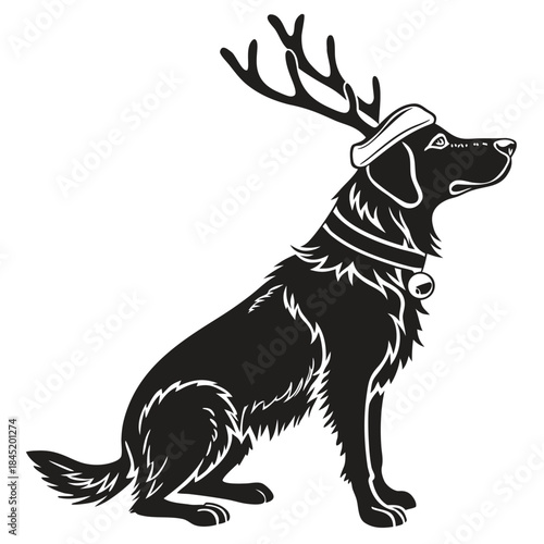 Christmas dog wearing antlers silhouette black