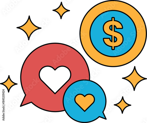 A black and white drawing of a dollar sign, a heart, and a dollar coin