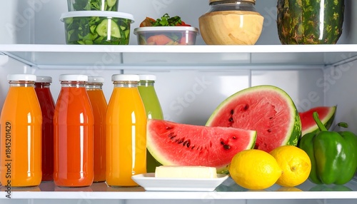 Photography Juices, watermelons, lemons, a green bell pepper, and butter are all found on a refrigerator shelf and represent balanced daily nourishment and healthful eating