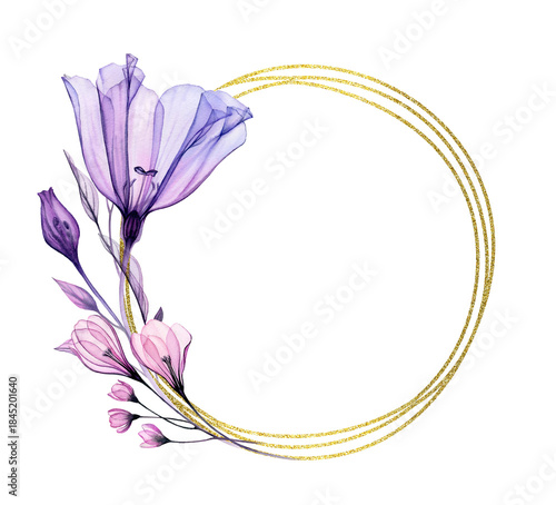 Watercolor golden frame with transparent Eustoma. Round wreath of flowers and leaves. Realistic golden glitter frame. Hand painted floral vintage illustration for text and wedding stationery design