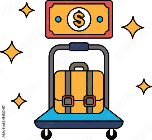 A luggage cart with a dollar bill on top
