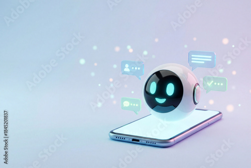 Friendly chatbot robot hologram appearing above smartphone screen with glowing message icons, futuristic artificial intelligence technology for online communication and virtual assistance concept