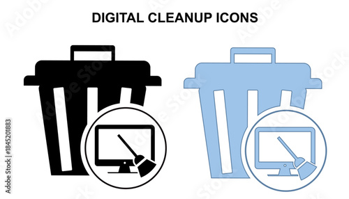 Set of digital cleanup icons with trash bin silhouettes and computer monitor with cleaning brush symbol, ideal for app interfaces, buttons and infographics. Digital cleanup day. Vector illustration
