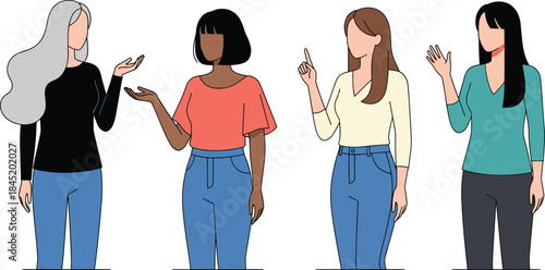 Diverse women characters standing and gesturing set showing communication presentation discussion isolated flat vector illustration