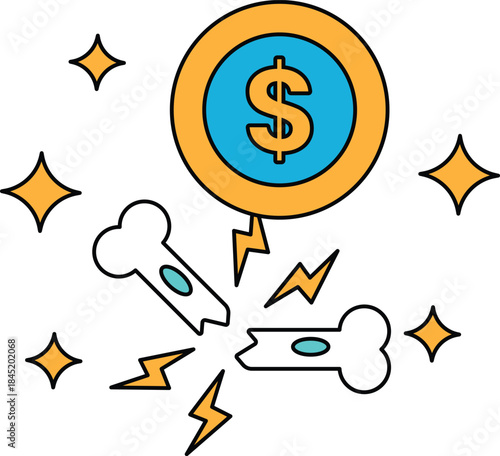 A dollar sign is surrounded by broken bones