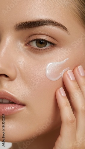 Close portrait of woman with clear skin applying cream, minimal makeup beauty look, skincare treatment concept for facial care products