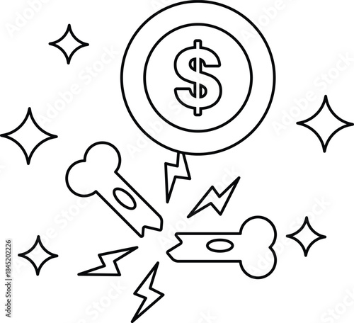 A dollar sign is surrounded by broken bones