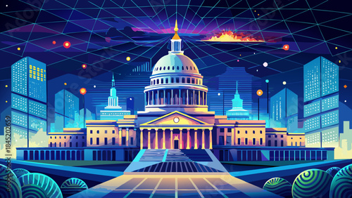 Very beautiful night view of the US Capitol enhanced with glowing digital network overlay, modern architectural marvel atmosphere, and sleek vector composition combining tradition and innovation.