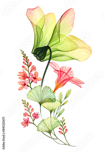 Watercolor bouquet with transparent Azalea flower and ginkgo branch. Colourful tropical plants in vertical arrangement. Botanical floral illustration for wedding design, packaging, advertising
