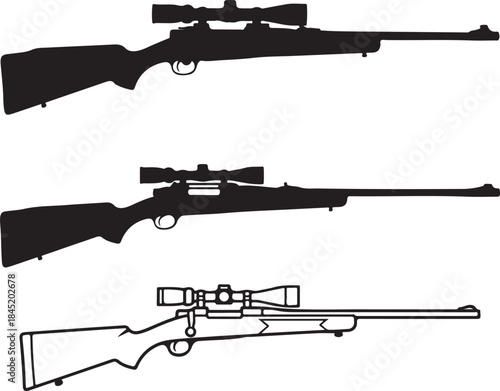 Hunting Rifle Silhouette Set with Scope Bolt Action Gun Vector Illustration, Three black silhouettes of bolt action hunting or sniper rifles with scopes.