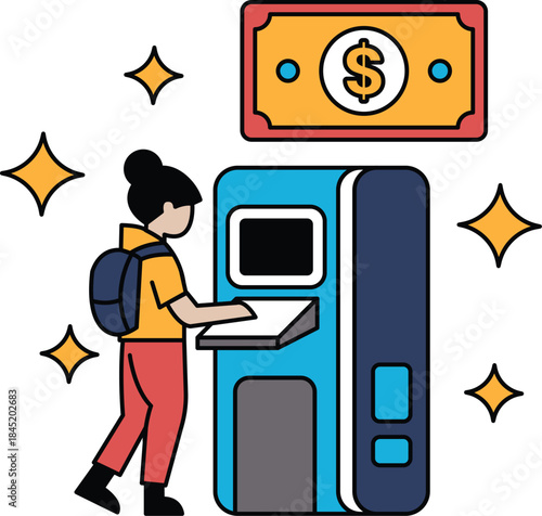 A woman is standing in front of a machine that has a dollar sign on it