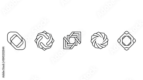 Collection of five abstract geometric line art icons featuring rotational symmetry and modern minimalist design elements