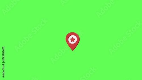 3d red map pin icon with white star inside on green screen