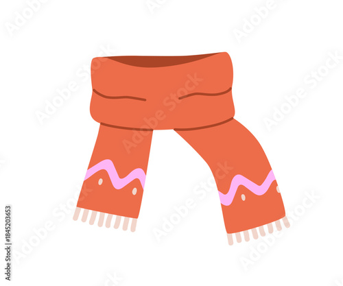 Warm wool scarf. Cozy winter accessory, neck knitwear, clothing for cold weather. Knitted cravat with zigzag pattern, fringed, wrapped around. Flat vector illustration isolated on white background