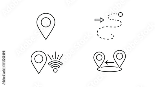 Set of four minimalist black line icons representing location tracking navigation routing and wireless signal connectivity concepts