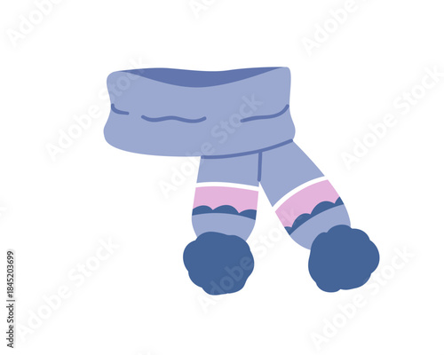 Woolen scarf. Thick knitted neck accessory with soft pompoms. Warm cozy wool cravat for cold weather. Kids winter seasonal neckwear. Flat vector illustration isolated on white background